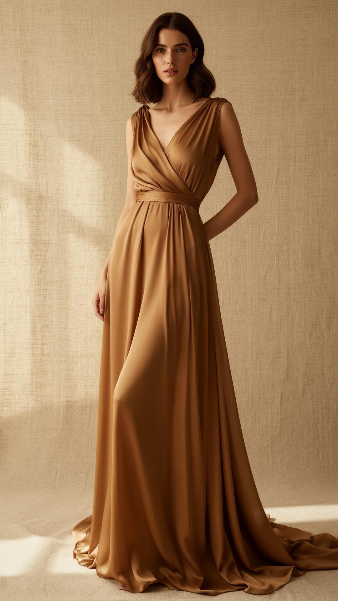 Elara Couture — Model in flowing camel silk gown, autumn edit